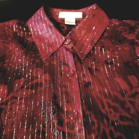 Drapers Damons Top PL Petite Silk Sheer Red Paisley Metallic Striped Whimsigoth - Picture 8 of 11
